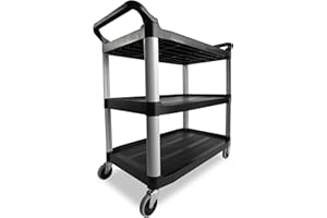 Rubbermaid Commercial Products Heavy Duty 3-Shelf Rolling Service/Utility/Push Cart, 300 lbs. Capacity, Black, for Restaurant/Cleaning/Office use (FG409100BLA)