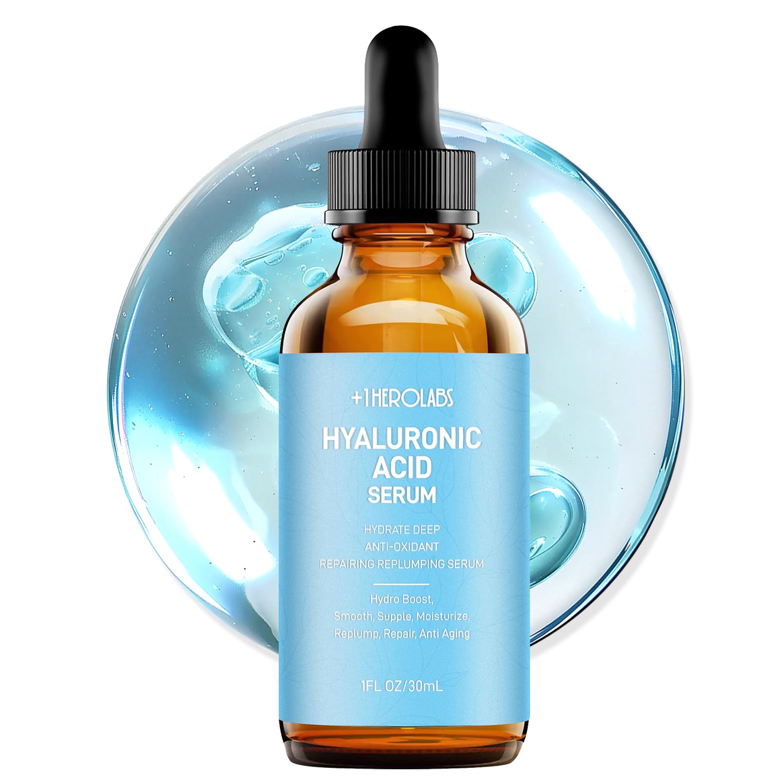 Photo 1 of +1Herolabs Hyaluronic Acid Serum for Face with Vitamin B5, C, E & Niacinamide, Hydrating & Plumping Face Serum for Sensitive Skin, Fragrance-Free 1 Fl Oz