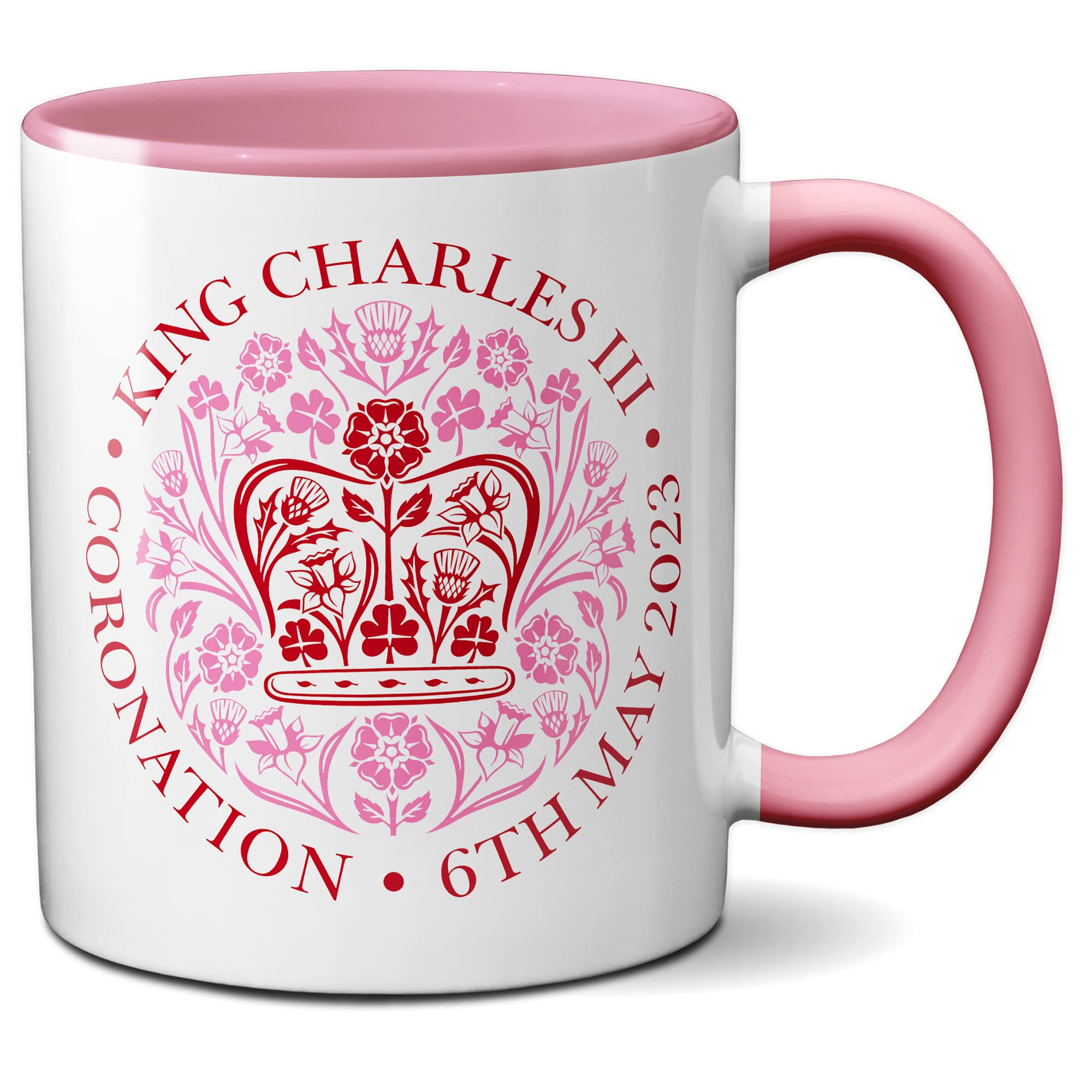 Faithful Prints Kings Coronation Mug 2023 Official Emblem Mug King Charles III Commemorative Souvenir Gift His Majesty The King Royal Memorabilia Gifts Coronation Memorabilia (Pink)