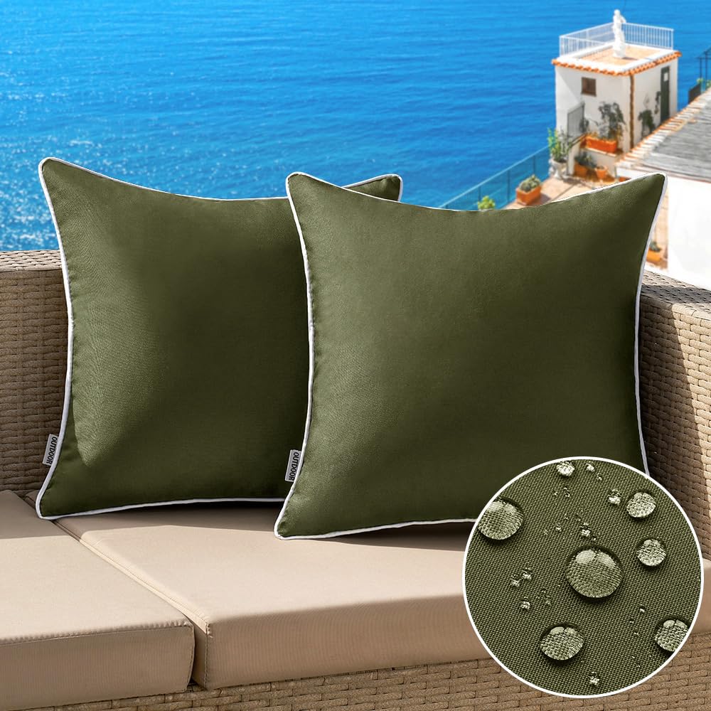 Photo 1 of MIULEE Pack of 2 Outdoor Waterproof Pillow Covers Decorative Farmhouse Throw Pillow Covers Square Solid Color Couch Pillow Covers Spring for Patio Tent Bed Sofa Living Room 18x18 Inch Olive Green