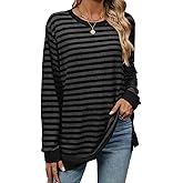 Womens Casual Striped Long Sleeve Shirt Trendy Crew Neck Slim Loose Fit Basic Blouses Tops