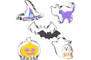 Q-BAKER Halloween Cookie Cutters Set- 5 Pieces Stainless Steel Baking Cutter Molds Pumpkin, Ghost, Witch's Hat, Bat, Cat Cookie Cutters Holiday Decorative Party Supplies