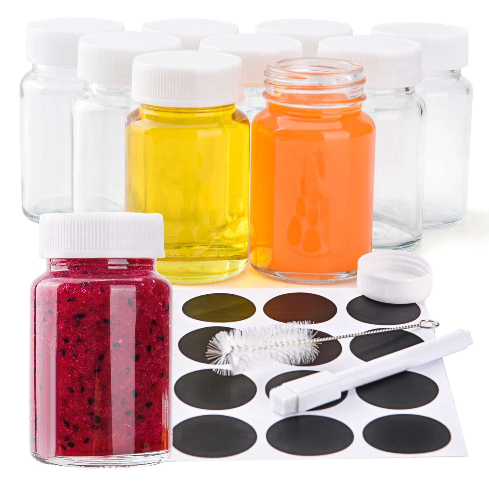 9pcs 2 oz Clear Glass Ginger Shot Bottles with Lids, Mini Glass Jars Wide Mouth Containers for Juice, Wellness Shot, Whiskey and Spice