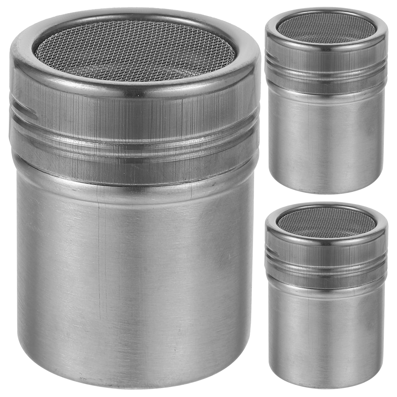 Angoily 3Pcs Sugar Shaker with Lid, Metal Stainless Steel Shaker Duster, Kitchen Fine Mesh Shaker for Cinnamon Flour Powdered Sugar Baking Soda Cocoa Cornstarch (S+ + L)