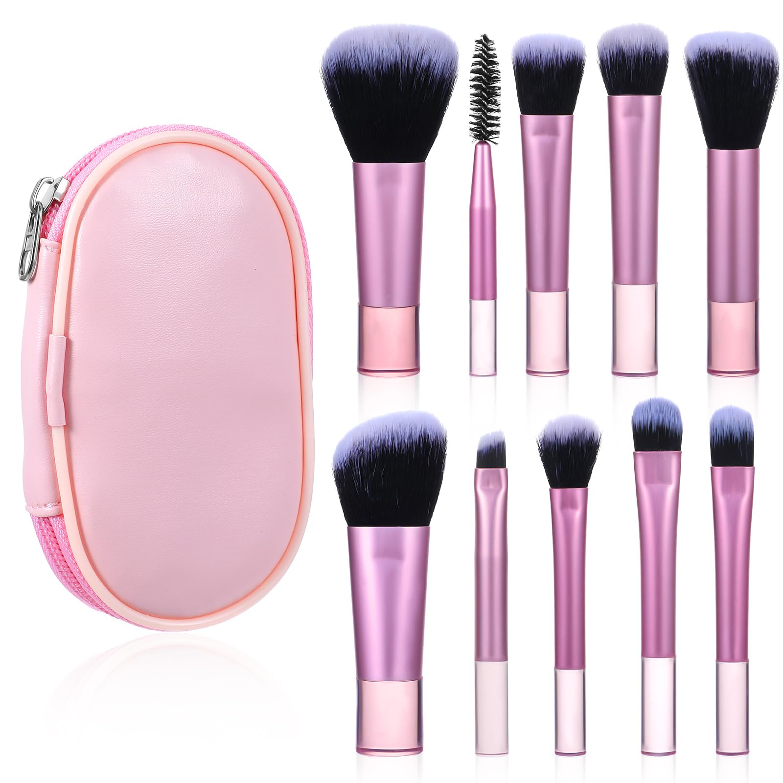 PEOVLVN 10 Pcs Travel Makeup Brush Set, Mini Makeup Brushes with Case Portable Travel Size Makeup Brushes Cosmetic Brushes Kit for Foundation Eyeshadow Highlight Contour Blush & Concealer (Pink)