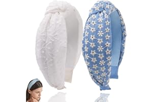 BEGOOD Knotted Headbands for Women Embroidery Wide Headband Blue Denim Top Knot Headband White Hair Bands Fashion Hair Access