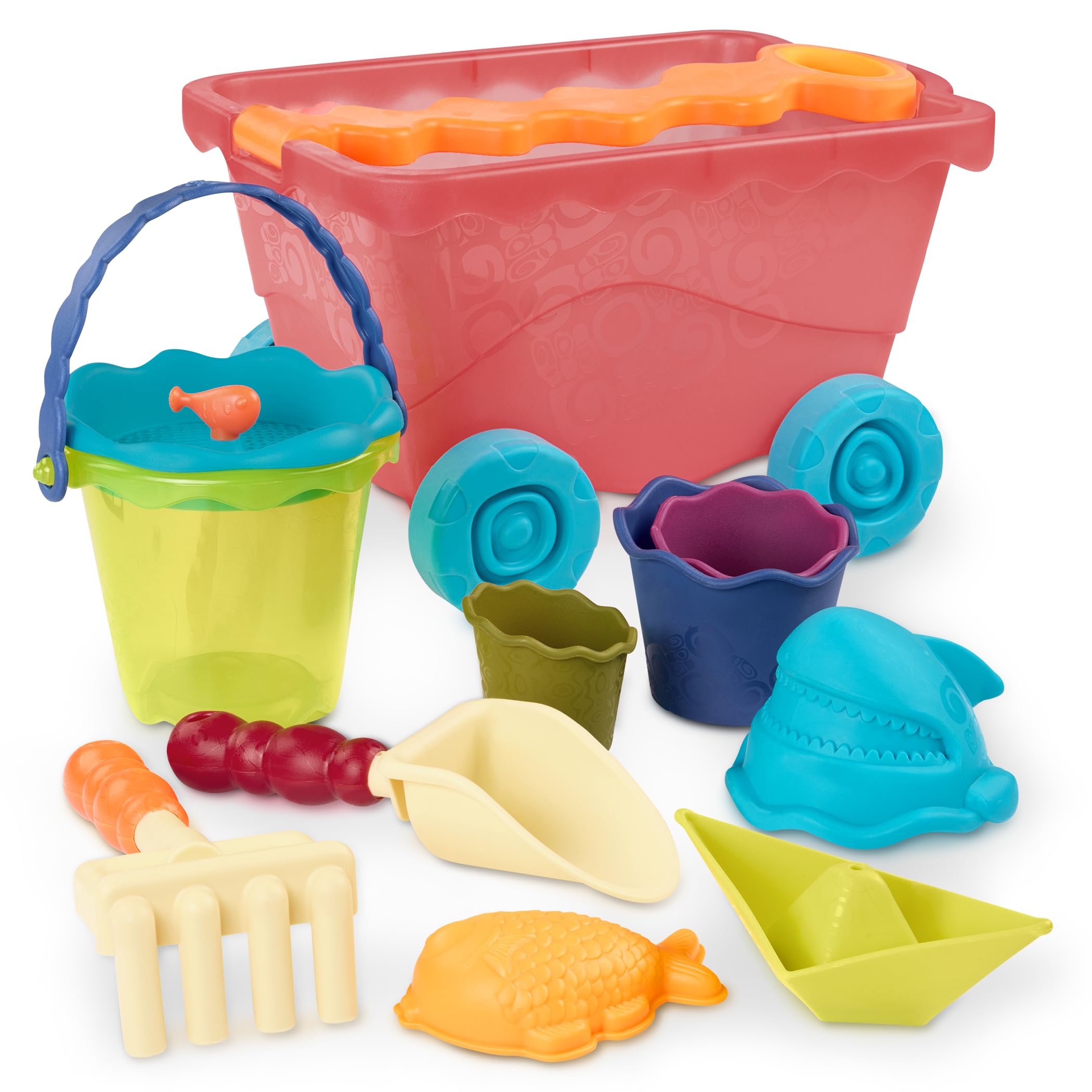 B. toys – Wavy – Wagon – Red – Water Play – Travel Beach Buggy – 11 Funky Sand Toys – Phthalates and BPA Free – 18+ Months