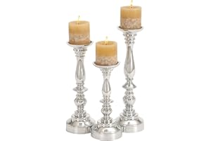 Deco 79 Aluminum Metal Decorative Candle Holder Candle Stand, Set of 3 Candlestick Holder 14", 12", 10"H, Silver