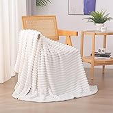 Linecooo Cream White Fleece Throw Blanket 50”×60” for Couch Sofa Bed,Super Soft Cozy Plush Microfiber Flannel Blanket with Stripes Design Lightweight for Adults,Woman,Girls