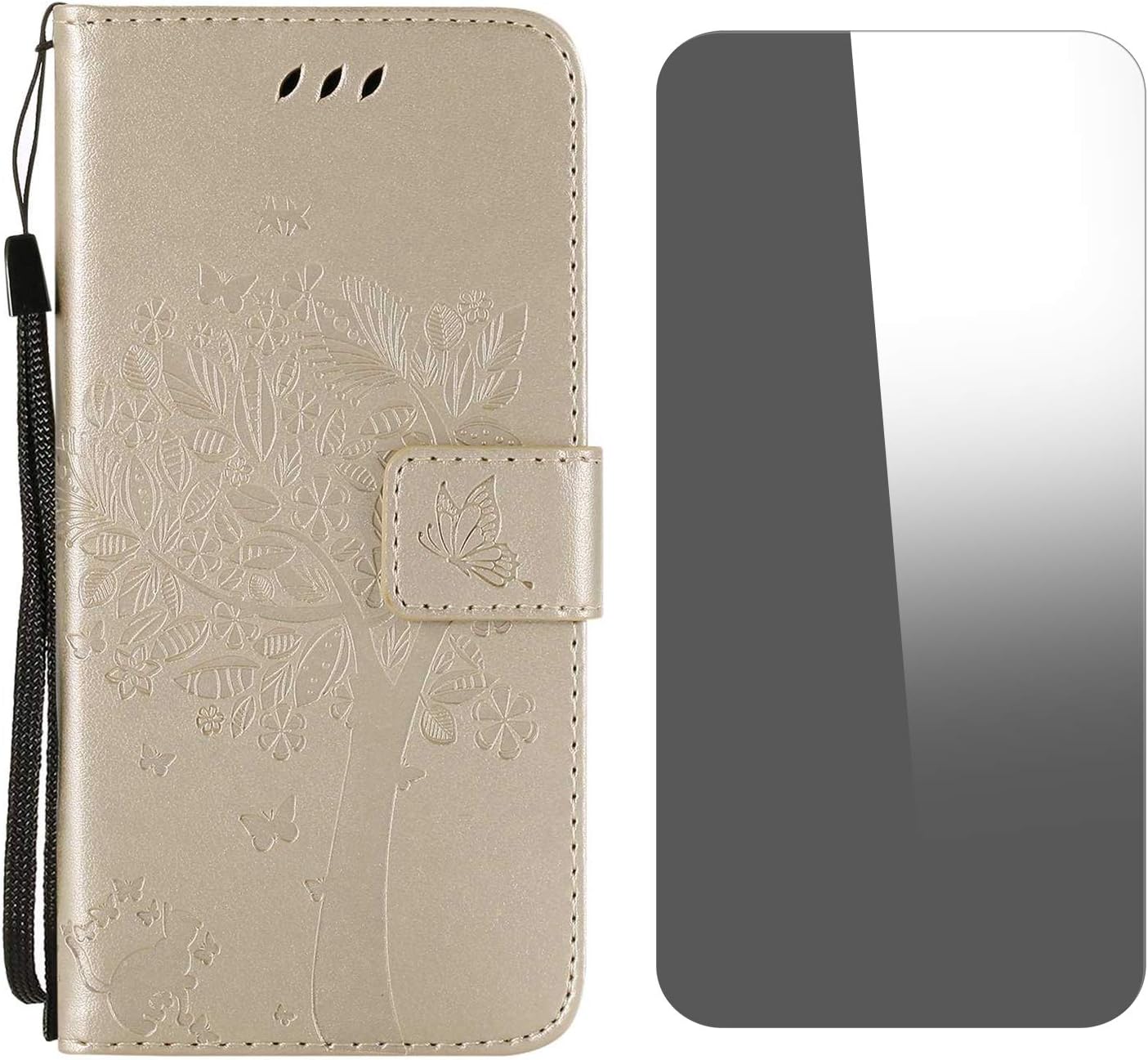 Galaxy J2 Core Case, Conber Shockproof Leather Wallet Flip Case Cover + [Free Tempered Glass Screen Protector], Vintage Emboss Tree and Cat Design Case for Samsung Galaxy J2 Core - Gold