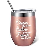 Patelai Gifts for Cousins Female Cousin Gift for Women Wine Tumbler Sisters by Heart Friends by Choice Coffee Mug for Birthday, 12oz Vacuum Insulated Wine Tumbler with Box, Rose Gold