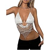 SweatyRocks Women's Glitter Rhinestone Criss Cross Halter Tops Backless Sleeveless Asymmetrical Party Crop Tops