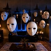 10 Pack Halloween Hanging Masks Paper Mache White Porch Decor | Includes Clear Strings And Adhesive Hooks, Paintable For DIY Designs, Haunted House, Wall, Door And Party Decorations