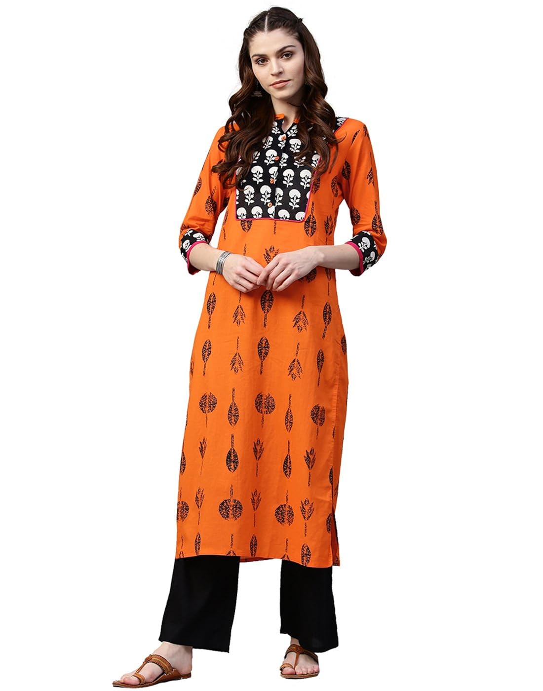jaipur kurti women orange & black floral straight cotton kurta with palazzo