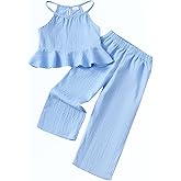 Kucnuzki Baby Girl Clothes Toddler Girl Summer Outfits Sleeveless Ruffle Halter Tops Wide Leg Pants Kids Clothing Set
