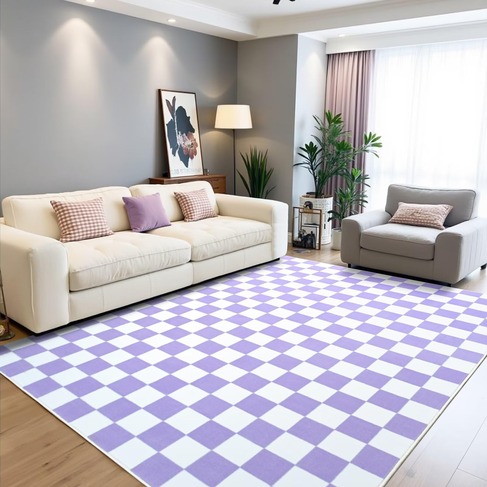 Photo 1 of Terrug Purple and White Checkered Rug for Living Room,5x7 Area Rugs Washable with Non Slip for Bedroom,Soft Low Pile Stain Resistance Retro Carpet for Dorm Kids Room