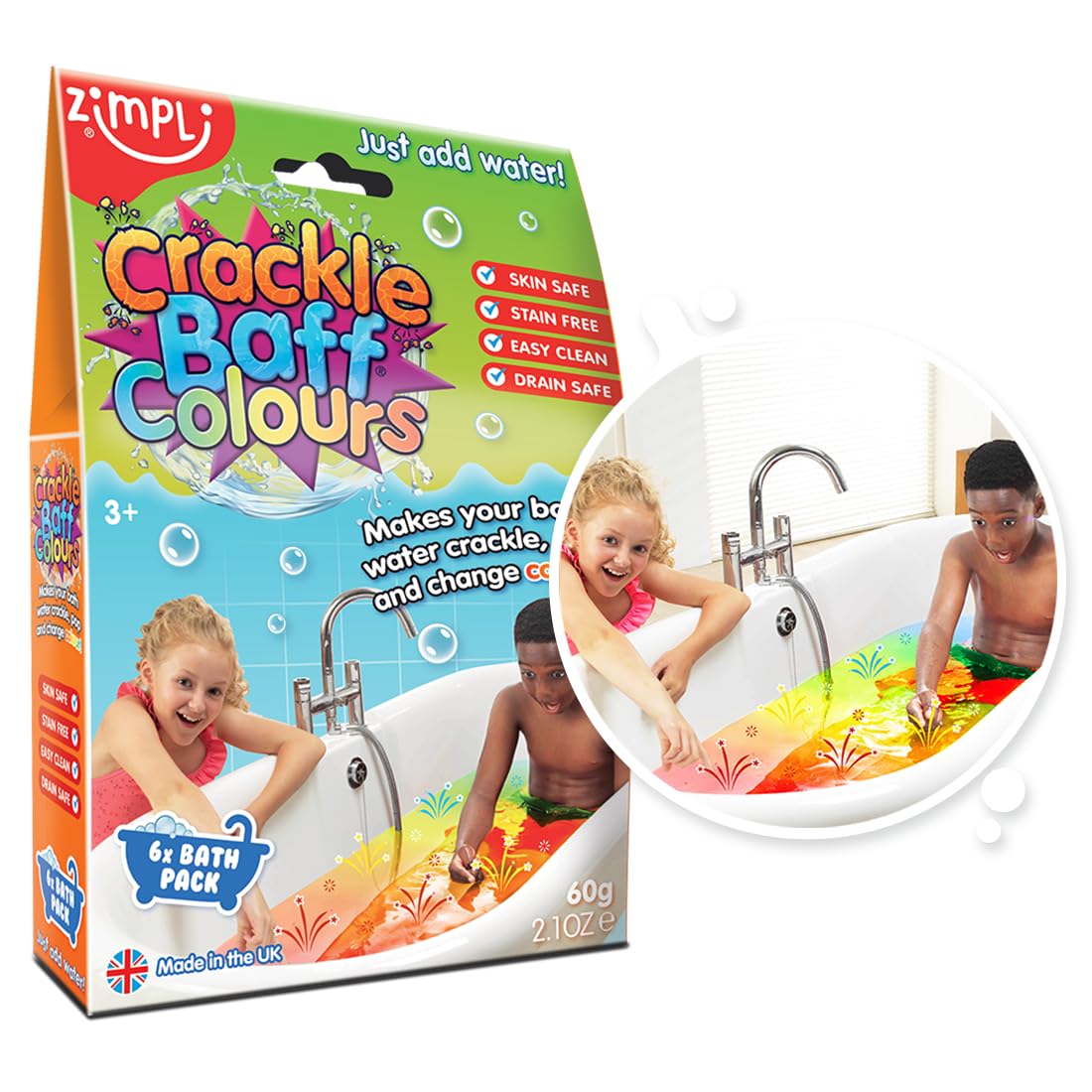 ZIMPLI - Crackle Baff Colours, 6 Bath Pack, Magically makes your water Crackle, Pop & Change Colour, Educational & Learning Toy, Sensory Play for all ages, Red, Blue, Yellow