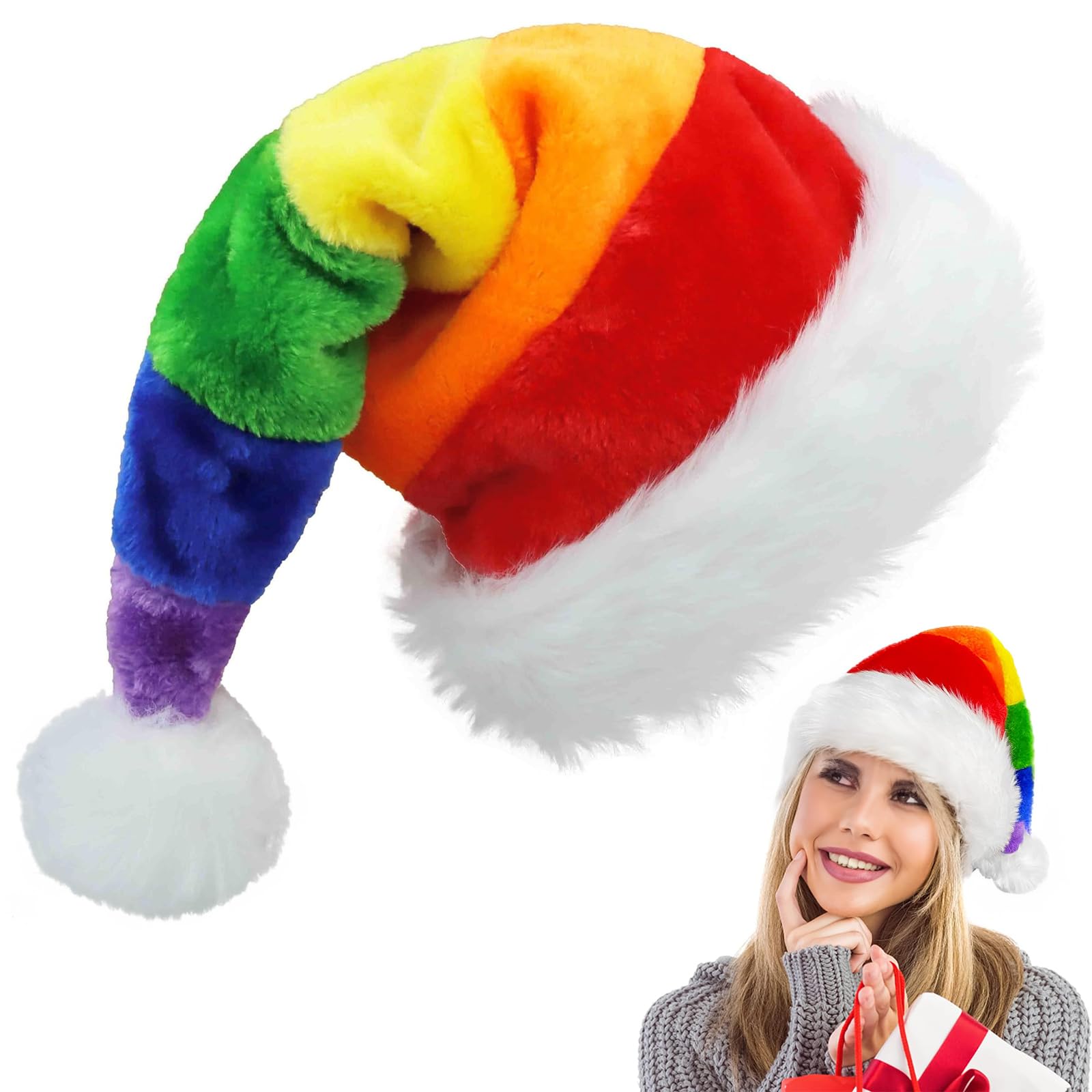 Rainbow Christmas Hats for Adults,Luxury SantaHats Colorful Plush Christmas SantaClaus Hat,Fancy Dress Santa Costume,Velvet Comfy Santa Outfit for New Year Xmas Party Supply,Thicken Fur Decoration