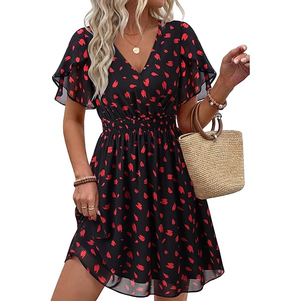 Women's Boho V Neck Floral Print Ruffle Sleeve Layered Mini Dress Cute Smocked  Waist Short DressDD742 (S, Red) at Amazon Women's Clothing store