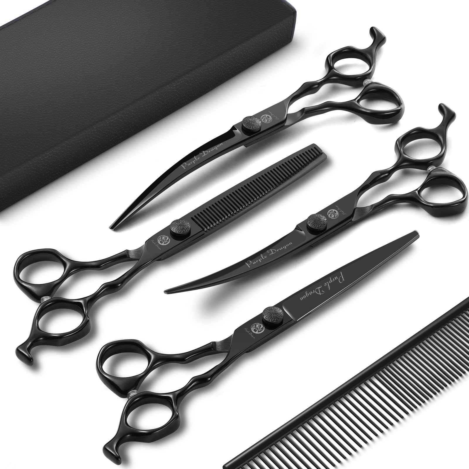 Photo 1 of Purple Dragon Dog Grooming Scissors Set - Thinning, Straight, Up & Down Curved Scissors and Comb, 7 Inch Black Shears with Adjustable Screw for Dogs and Cats