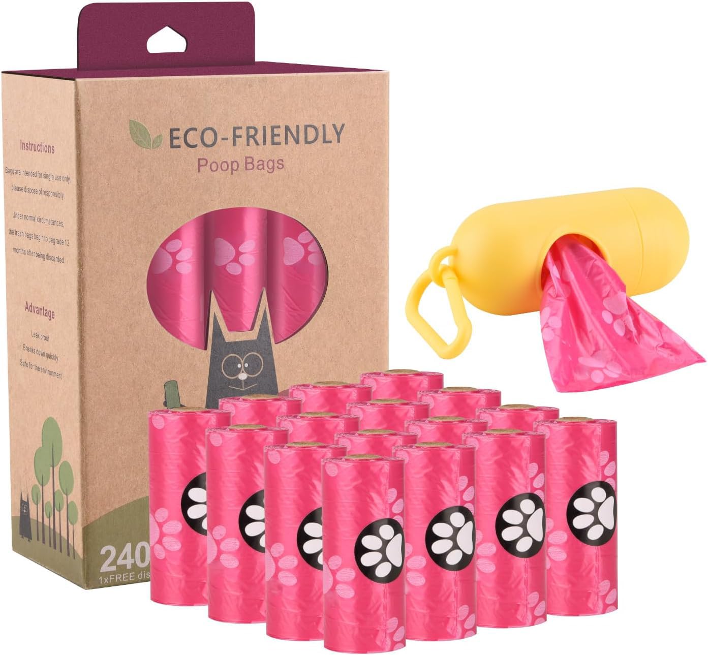 Photo 1 of WDFAACK Biodegradable Dog Poo Bags with Holder-240 Large Poop Bags, Corn Starch Blended Compostable Bag, Extra Thick Strong Leak Proof Waste Bag for Dogs (Pink)