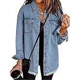 Couawaticy Women's Oversized Denim Jacket,Oversized Button Up Frayed Hem Shacket Long Sleeve Pockets Denim Jean Jacket