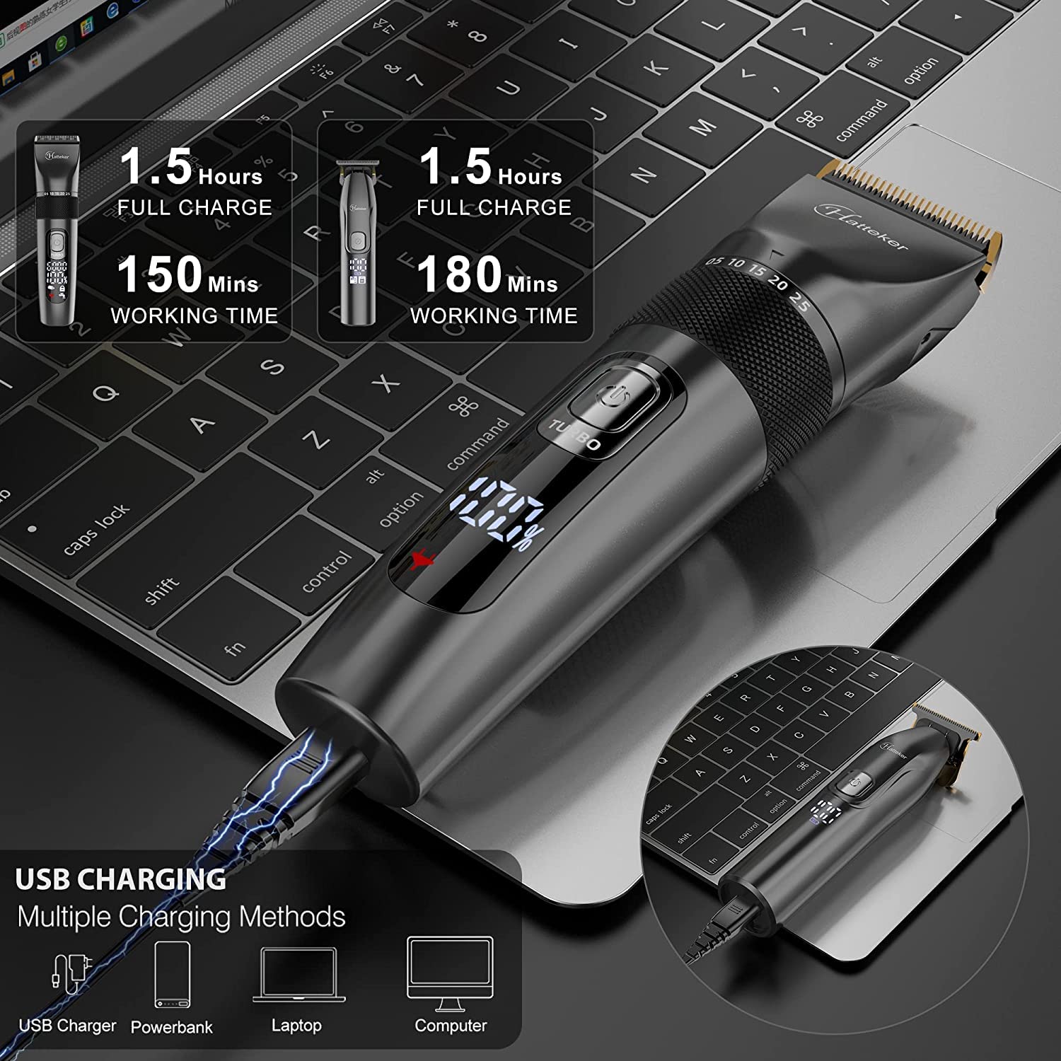 Hatteker Profi Haarschneidemaschine Set Haarschneider Pflegesets Barttrimmer Bartschneider Herren T-förmiger Trimmerkopf T-blade Trimmer Präzisionstrimmer IPX7 Wasserdicht 6