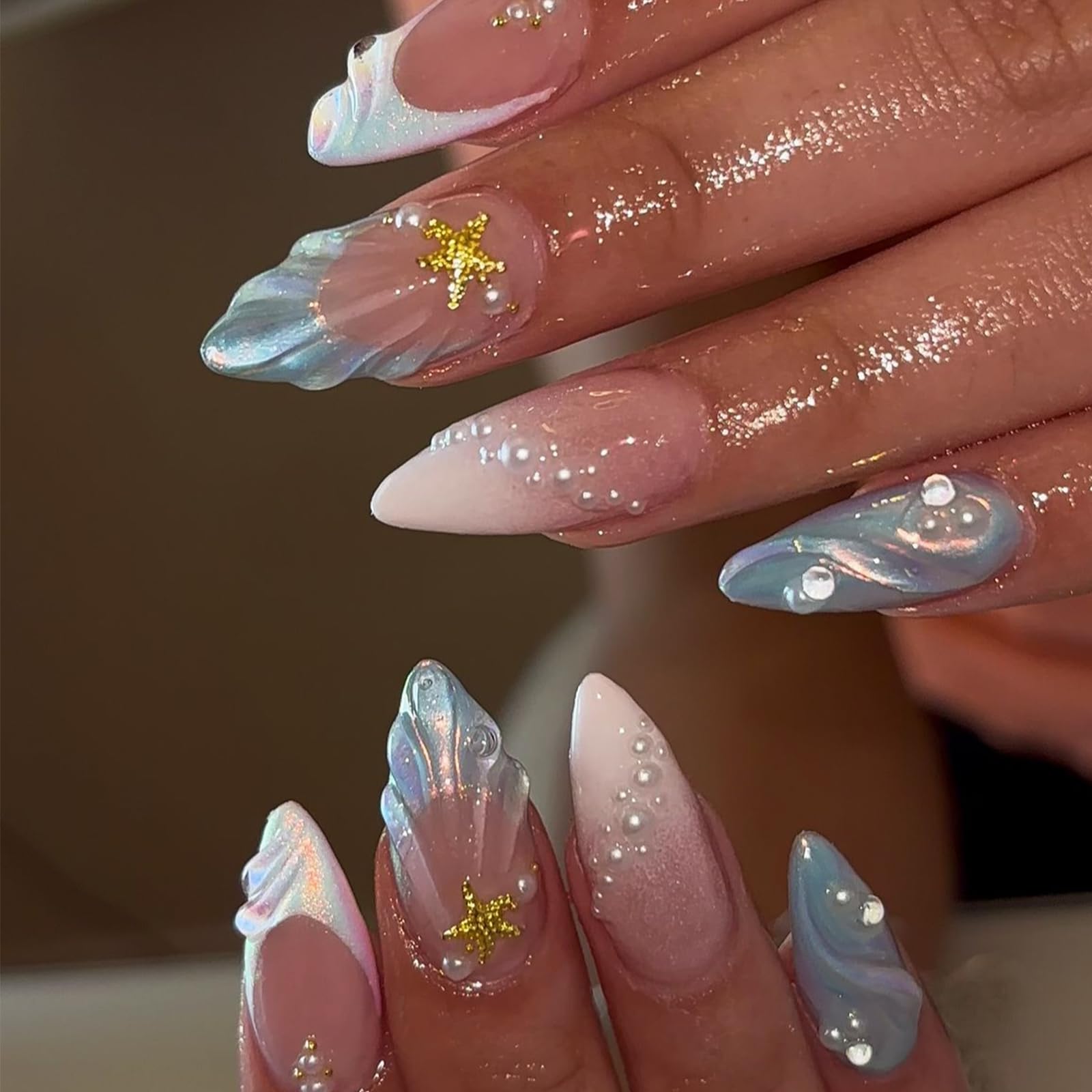 IMRAIN Press on Nails Medium Almond Fake Nails Blue 3D Cowry French Tips False Nails Glossy Glue on Nails Full Cover Artificial Nails with Pearl Designs Spring Summer Stick on Nails - Image 7