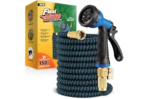 Flexi Hose with 8 Function Nozzle, Lightweight Expandable Garden Hose, No-Kink Flexibility, 3/4 Inch Solid Brass Fittings and Double Latex Core