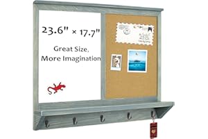 TORASO Dry Erase Board & Cork Board, Whiteboard & Bulletin Board Combo, Wall-Mounted Mail Sorter, & Key Hooks, Solid Pine Wood Vintage Gray Frame(Mail BB-GY-4560)