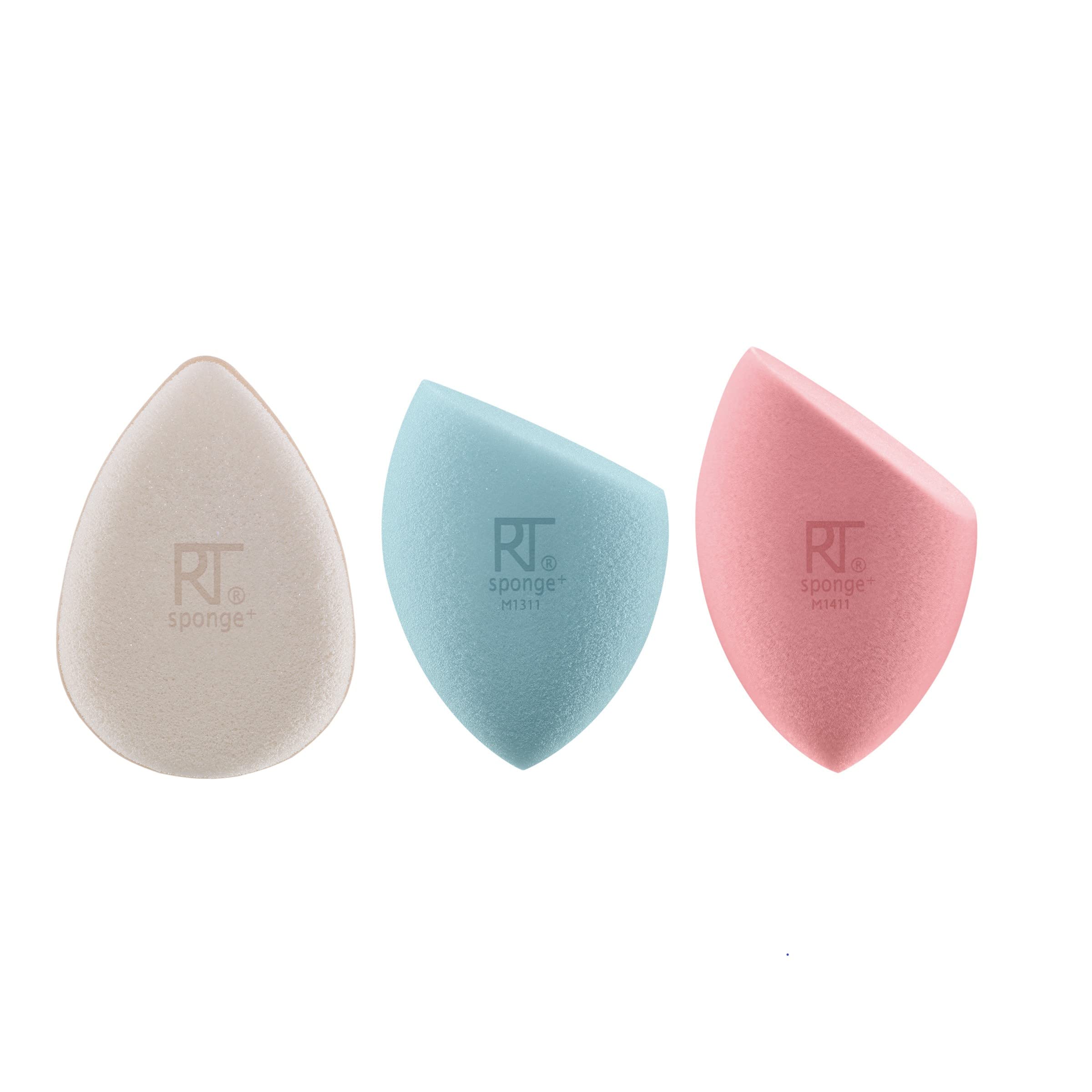 REAL TECHNIQUES Sponge+ Beauty Makeup Blenders for Facial Cleanser, Foundation and Setting Powder, Probiotic infused (3 Piece Kit)