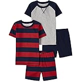 The Children's Place boys Short Sleeve Top and Shorts Snug Fit 100% Cotton 4 Piece Pajama Set