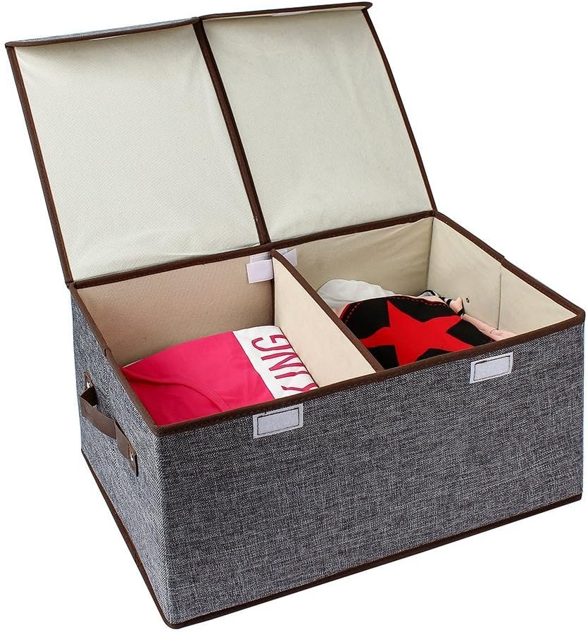 Kenather Collapsible Clothing Storage Box Closet Organizer with Cover Fabric Dust-Proof Divided 2 Compartments Dark Purple