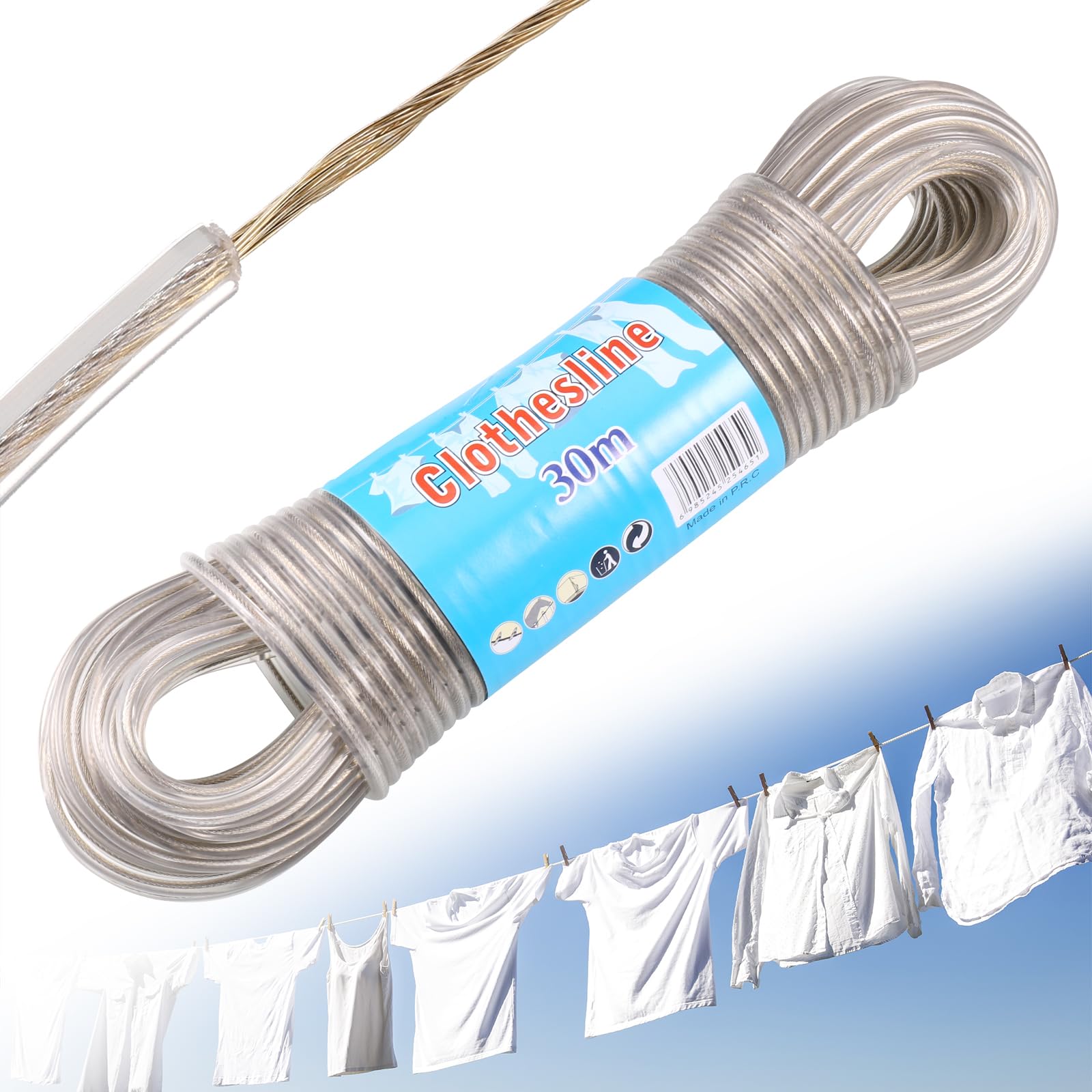 Yimomoyi 30m Washing Line Rope, Heavy Duty Clothes Line Steel Core, Strong String 4mm Dia Clotheslines, Long Clothes Lines for Outside Garden, Rustproof and Waterproof Heavy Duty Washing Line (Beige)