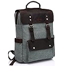 Vaschy Vintage Leather Backpack for Women and Men Canvas Ergonomic Rucksack Bookbag Daypack fits 15.6 inch Laptop
