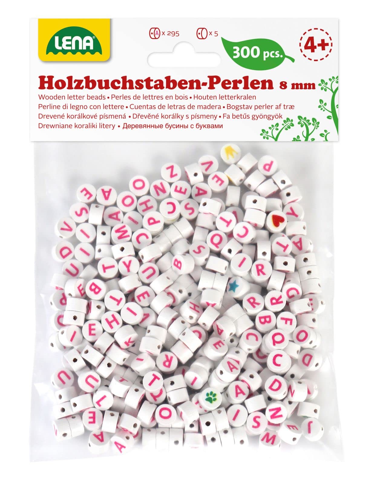 Lena 32050 Wooden Letter Beads, 300 Round Threading Beads and Pink Letters, Wooden Beads Set for Children from 3 Years, for DIY Beads, Jewellery, White