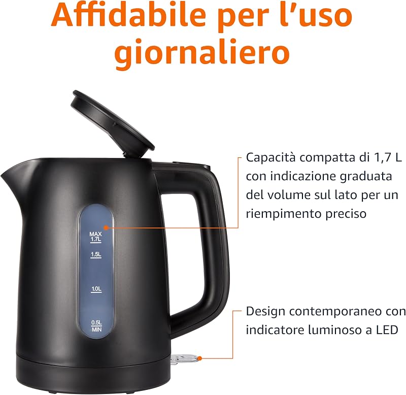 Bollitore Elettrico 1,7L, 2200 W, Senza BPA con Base a 360°, Spegnimento Automatico e Filtro Anticalcare Estraibile, Nero Opaco