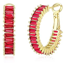 GLOQUAT Ruby Red Crystal Hoop Earrings 14K Gold