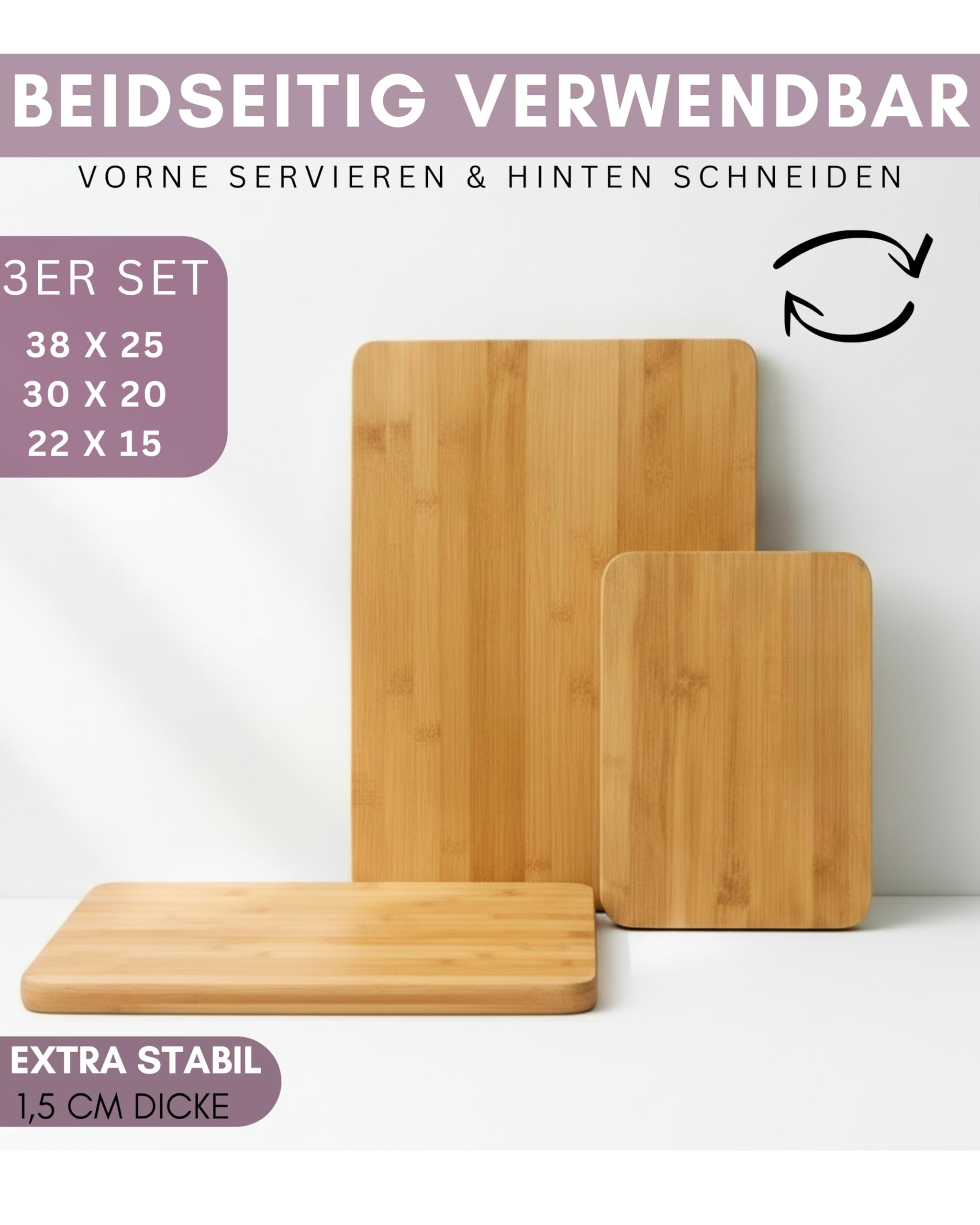 Gutherz® Bambus Schneidebrett aus Holz - 3er Set- Natürlich- ohne Lack | Antibakteriell | 38x25 / 30x20/ 22x15 | Vorgeölt- Sofort Einsatzbereit, Langlebig & Messerfreundlich| Holzbrett 1,5 cm Dick 4