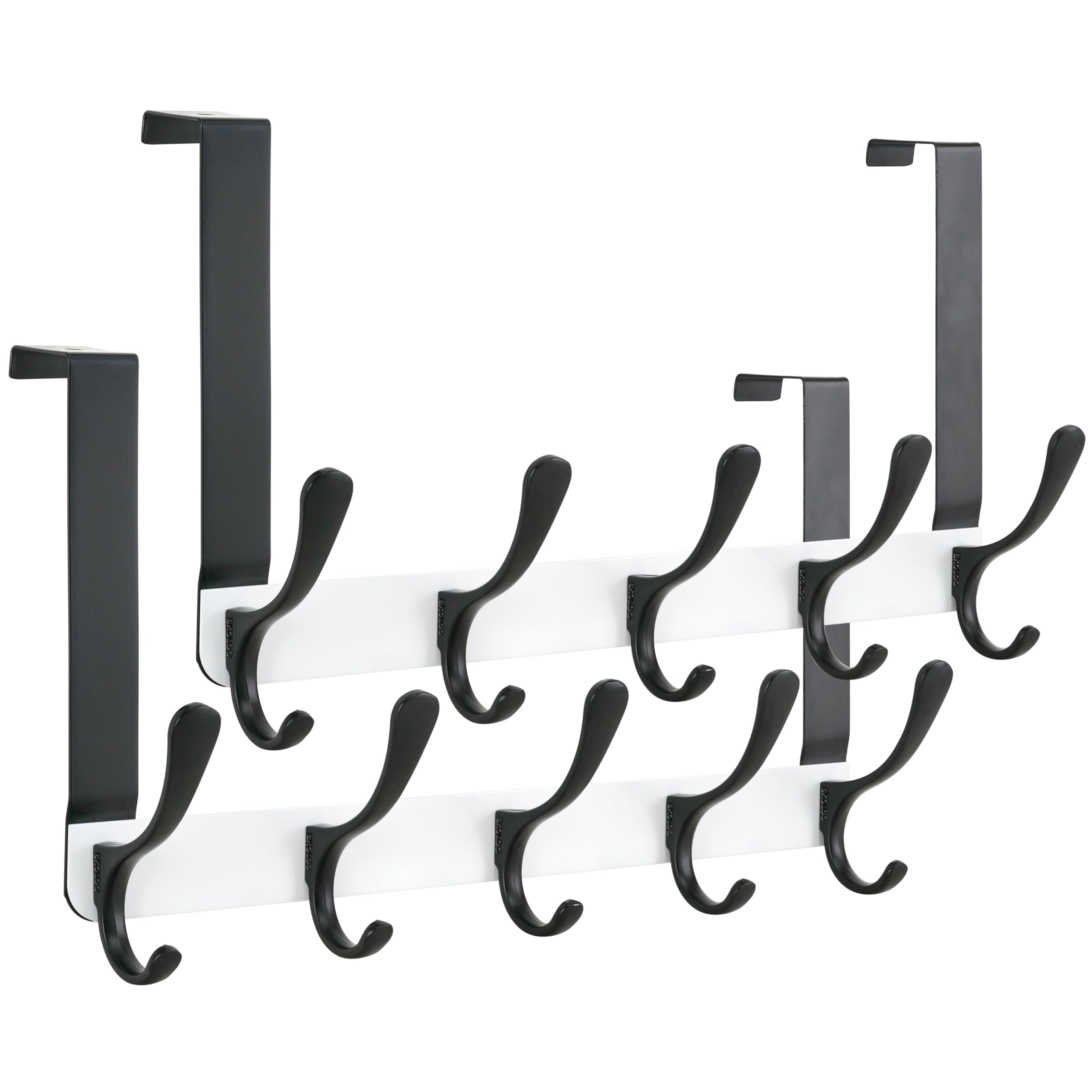 SKOLOO Over The Door Hook, Coat Hooks for Hanging Clothes, Towels, Coats, Hats, Over The Door Towel Hooks - Pack of 2, Black on White, Assembly Required