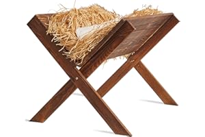 party greeting Finished Large Jesus Wooden Manger Religious Christmas Decor Nativity Scene Wooden Manger with Natural Hay Fabric Nacimiento De Jesus Accessory for Indoor Outdoor Home Decoration