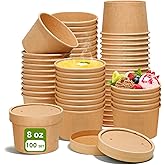 DI QIU REN 8oz Paper Soup Container Cup with Vented Lids, Disposable Paper Food Container Kraft Dessert Bowl Soup Bowls, Microwavable and Freezer Safe for Hot Soup, Ice Cream (100 Pcs - Kraft, 8 oz)