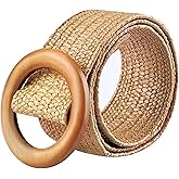 Suny Smiling Boho Braided Belt Women, Womens Braided Belts, Wide Stretch Straw Woven Waist Belt with Round Buckle, Rattan Elastic Bohemian Waistband for Dresses, Jeans, Pants, Vacation Events