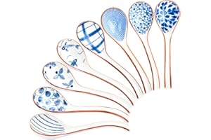 Supkiir Ceramic Asian Soup Spoons Set of 8, Chinese Porcelain Spoons with Non-Slip Bottom, Depth Bowl Long Handle Japanese Du