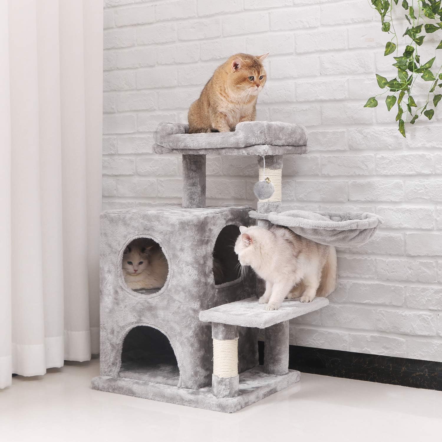 BEWISHOME Cat Tree Condo with Sisal Scratching Posts, Plush Perch, Dual Houses and Basket, Cat Tower Furniture Kitty Activity Center Kitten Play House, Light Grey MMJ06L : Pet Supplies