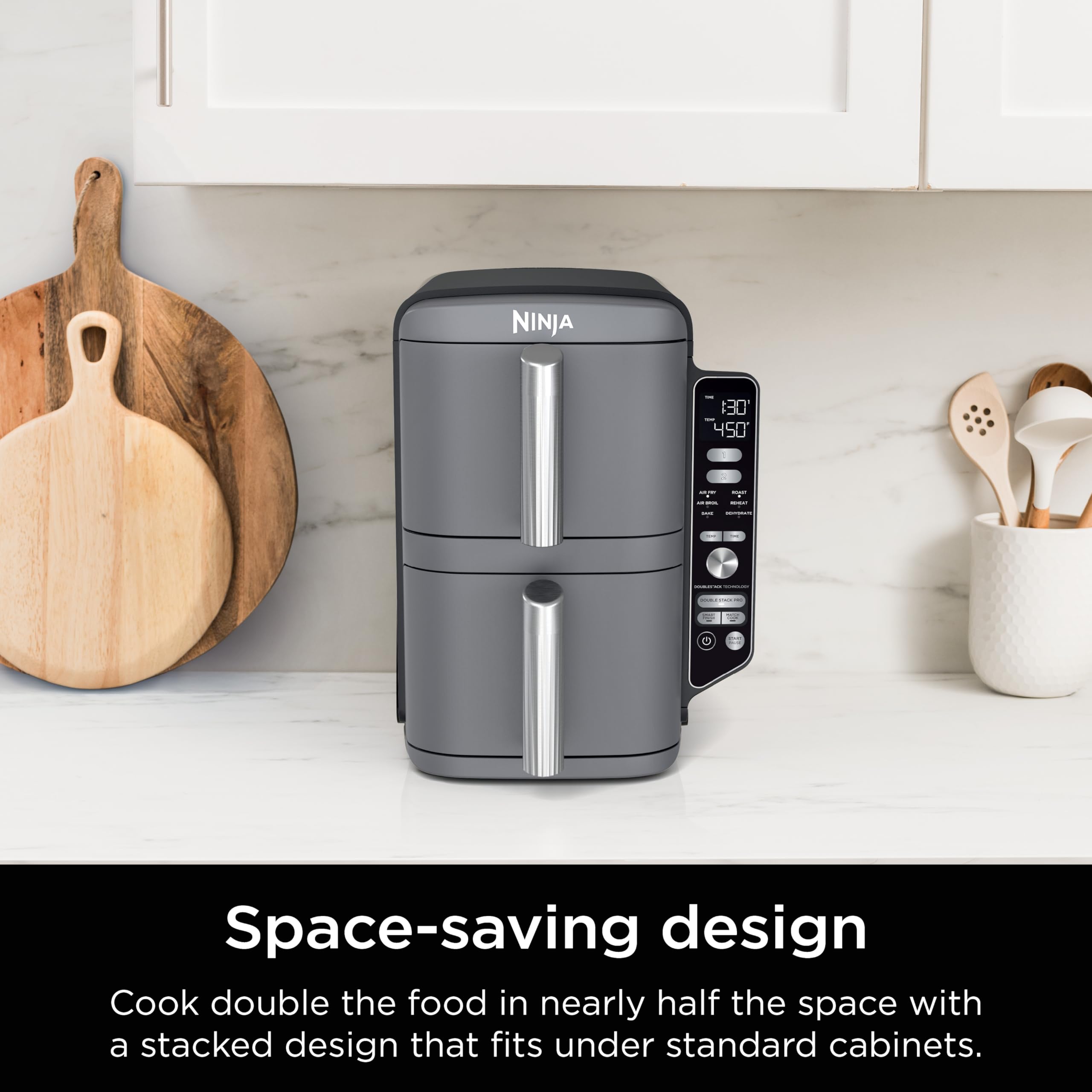 Freidora de aire Ninja, 10 QT DoubleStack XL 2 cestas, diseño compacto, cocina pollo entero de 5 lb, alimenta hasta 8 personas, freidora de aire 6 en 1, asar, hornear y más, fácil de limpiar, piezas aptas para lavavajillas, gris, SL401