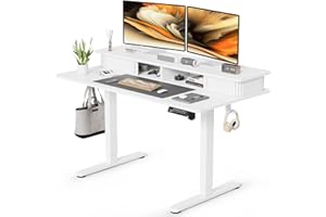 JOY worker Height Adjustable Electric Standing Desk with Storage Shelves, 48 Inch Table with Built-in Monitor Stand, Sit Stand Desk with 2 Hooks for Home Office, White