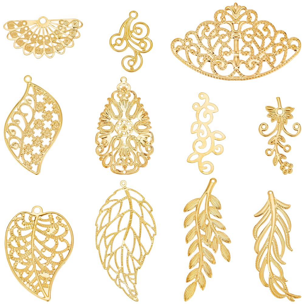 SUNNYCLUE 1 Box 88Pcs Gold Filigree Charms Filigree Leaf Charm Filigree Metal Charms Hollow Leaves Charms Filigree Connector Charms Filigree Connectors for jewellery Making Charms DIY Earring Bracelet