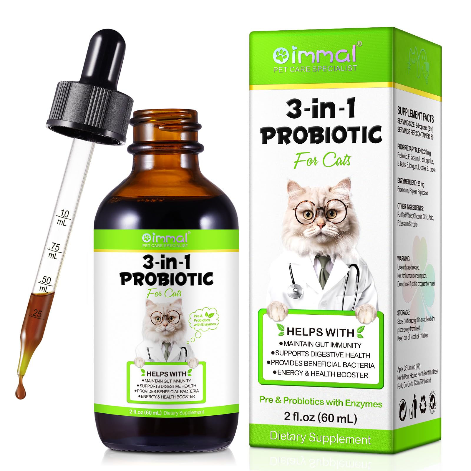 Probiotics for Cats with Prebiotic and Enzymes, Cat Probiotics Supplement Help Digestive Support Gut Health, Cat Diarrhea, Constipation Relief for All Breed Size Age, Bacon Flavor - 60ml