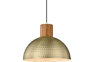 ELYONA Vintage Pendant Light Fixtures, 12” Brushed Brass Hammered Metal & Rubber Wood Industrial Dome Hanging Lamp, Antique Gold Kitchen Pendant Light for Island, Farmhouse, Sink, Dining Room, Hallway
